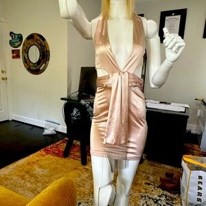 BEBE Champagne Satin, Plunge, halter-neck, peekaboo, mid-thigh cocktail dress.